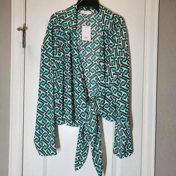 NWT INTEMPO Women's Tie Front Top Green Chain Print Plus Size 2X - Picture 8 of 13